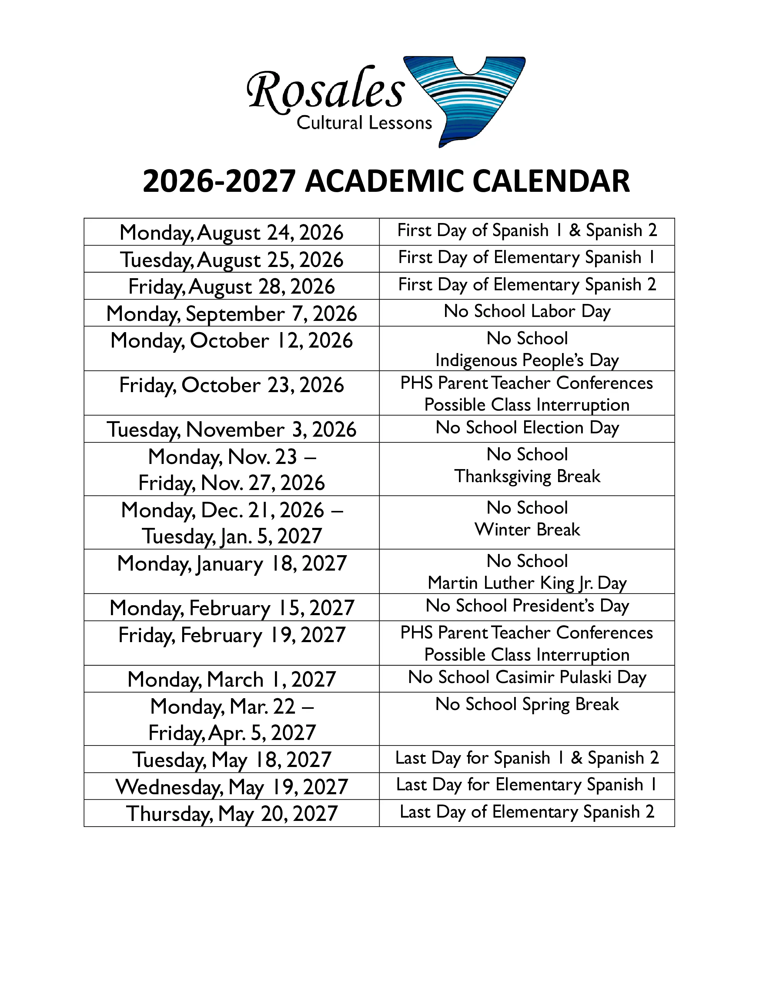 class calendar