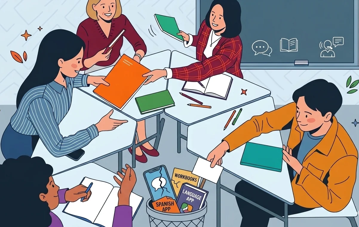 illustration of students learning at a table